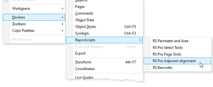 ReproScripts Pro Select Docker in CorelDraw menu