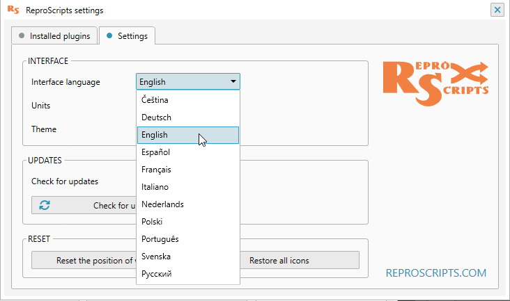 Changing UI languige for ReproScripts plugins