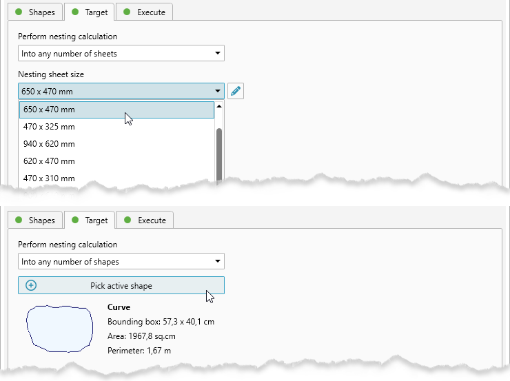 Selecting target sheet for nesting
