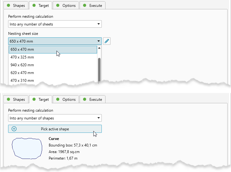 Selecting target sheet for nesting