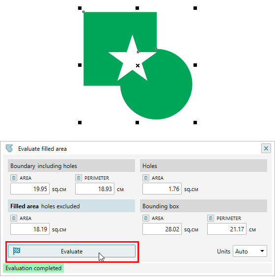 ReproScripts Info Evaluate filled area ~ main windof of the plugin