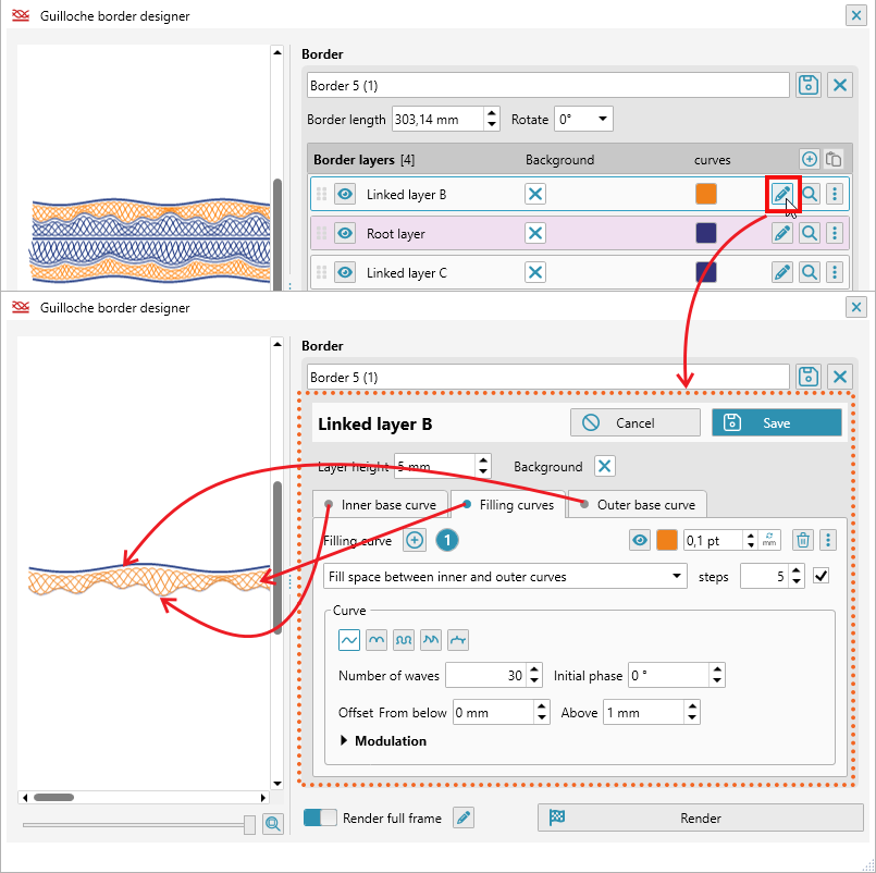 Guilloche border designer editing a layer in a border