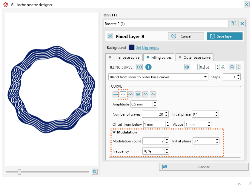 Guilloche rosette designer inner curves in the blend mode plus modulation