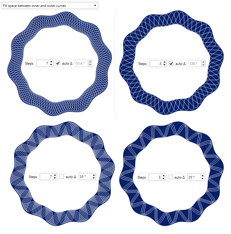 Guilloche rosette designer inner curves in the fill mode