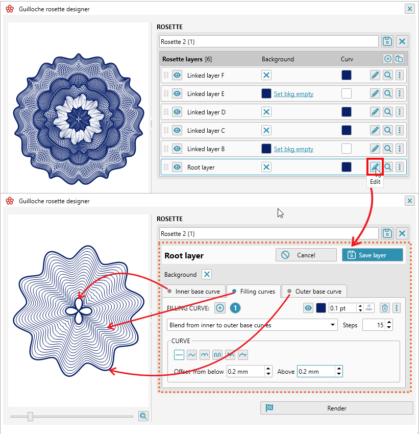 Guilloche rosette designer editing a layer in a rosette
