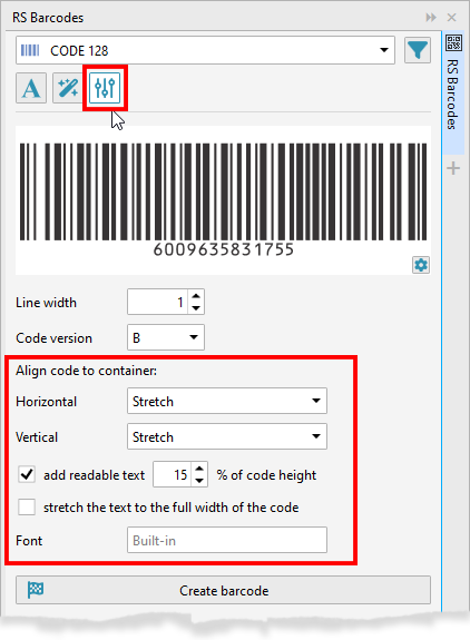 ReproScripts Barcodes Docker ~ Code 128 parameters tab in the barcodes docker