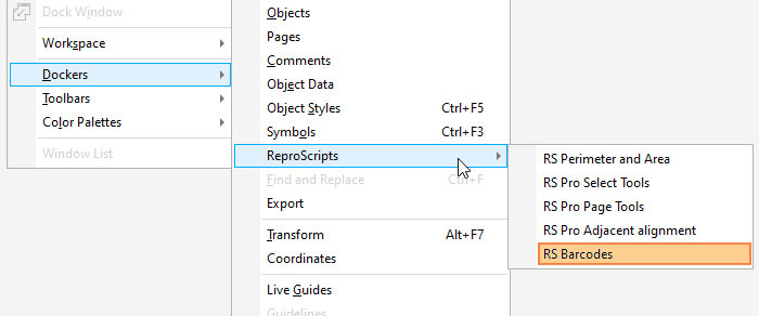 ReproScripts Barcodes Docker in CorelDraw menu
