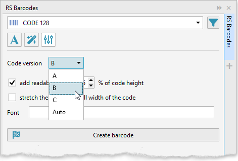 ReproScripts Barcodes Docker ~ Code 128 parameters tab in the barcodes docker