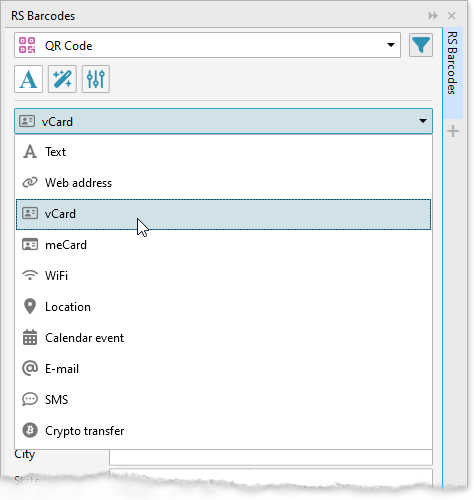 QR code value settings in the barcode docker