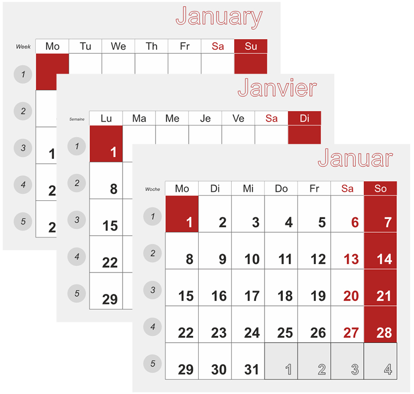 Calendars in three languages