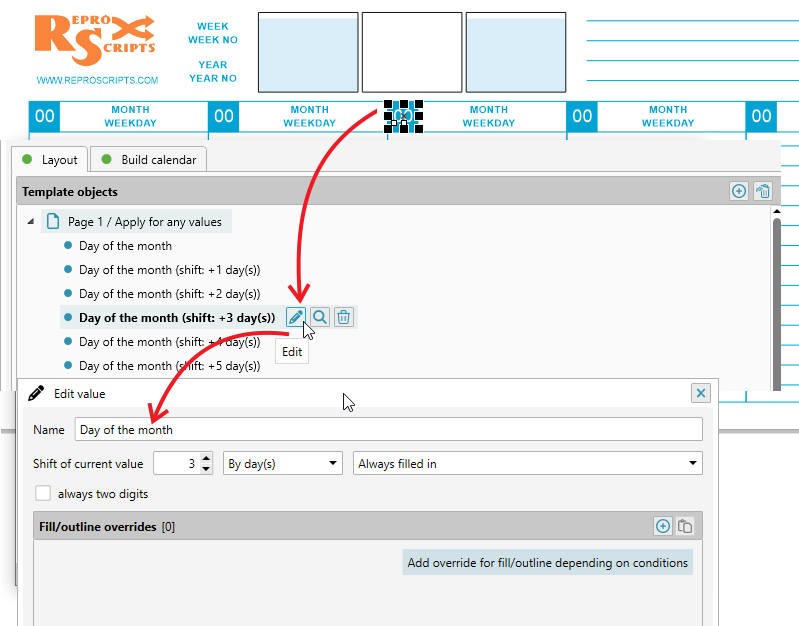 ReproScripts Free layout calendar ~ current value shift