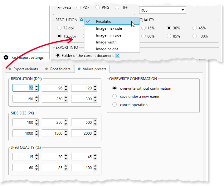 Changing output resolution and other values