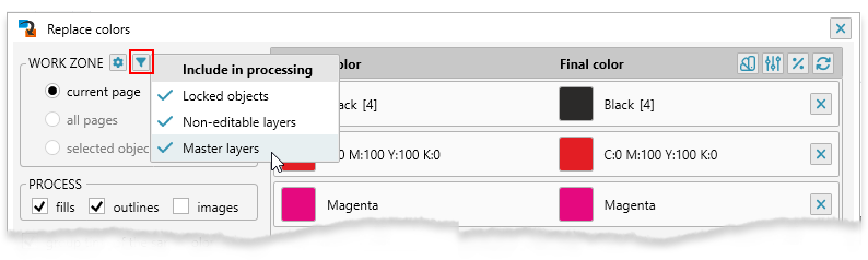 Choose whether locked objects, non-editable layers and master layers are included in processing