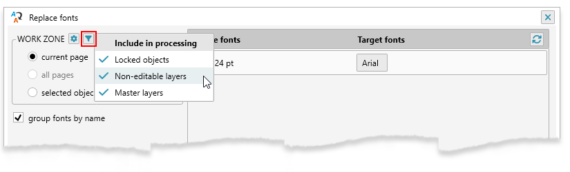 Choose whether locked objects, non-editable layers and master layers are included in processing