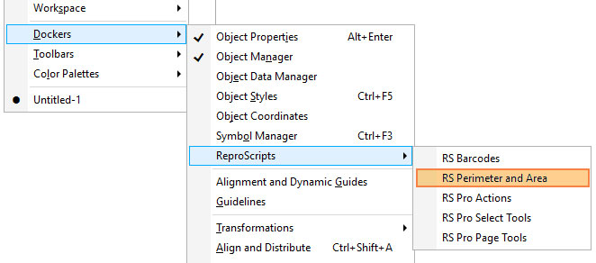 ReproScripts Info Perimeter and Area Docker in CorelDraw menu