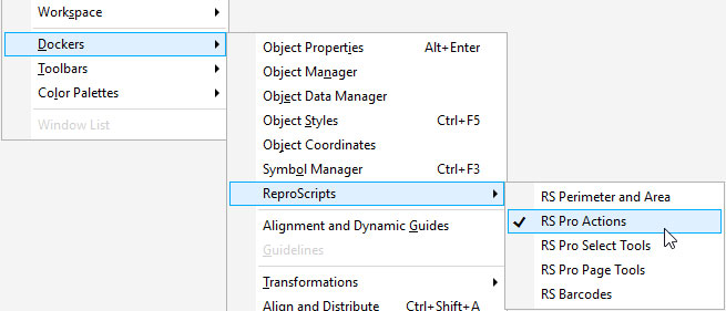 ReproScripts Pro Actions Docker in CorelDraw menu