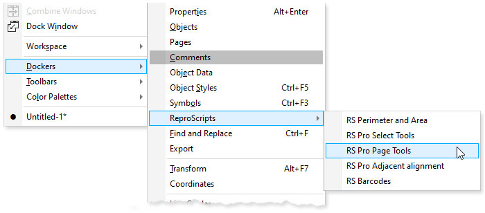 ReproScripts Pro Page Tools Docker in CorelDraw menu