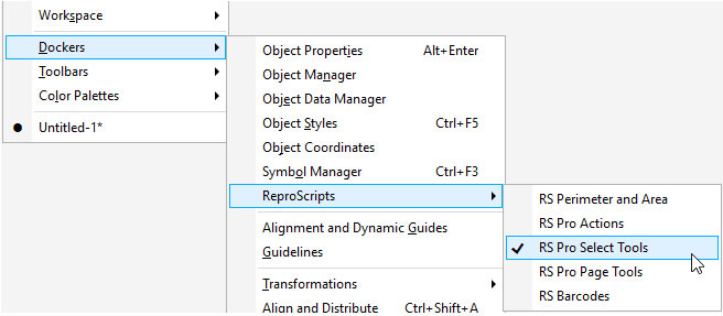 ReproScripts Pro Select Docker in CorelDraw menu