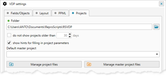 ReproScripts Variable data manager ~ project manager settings